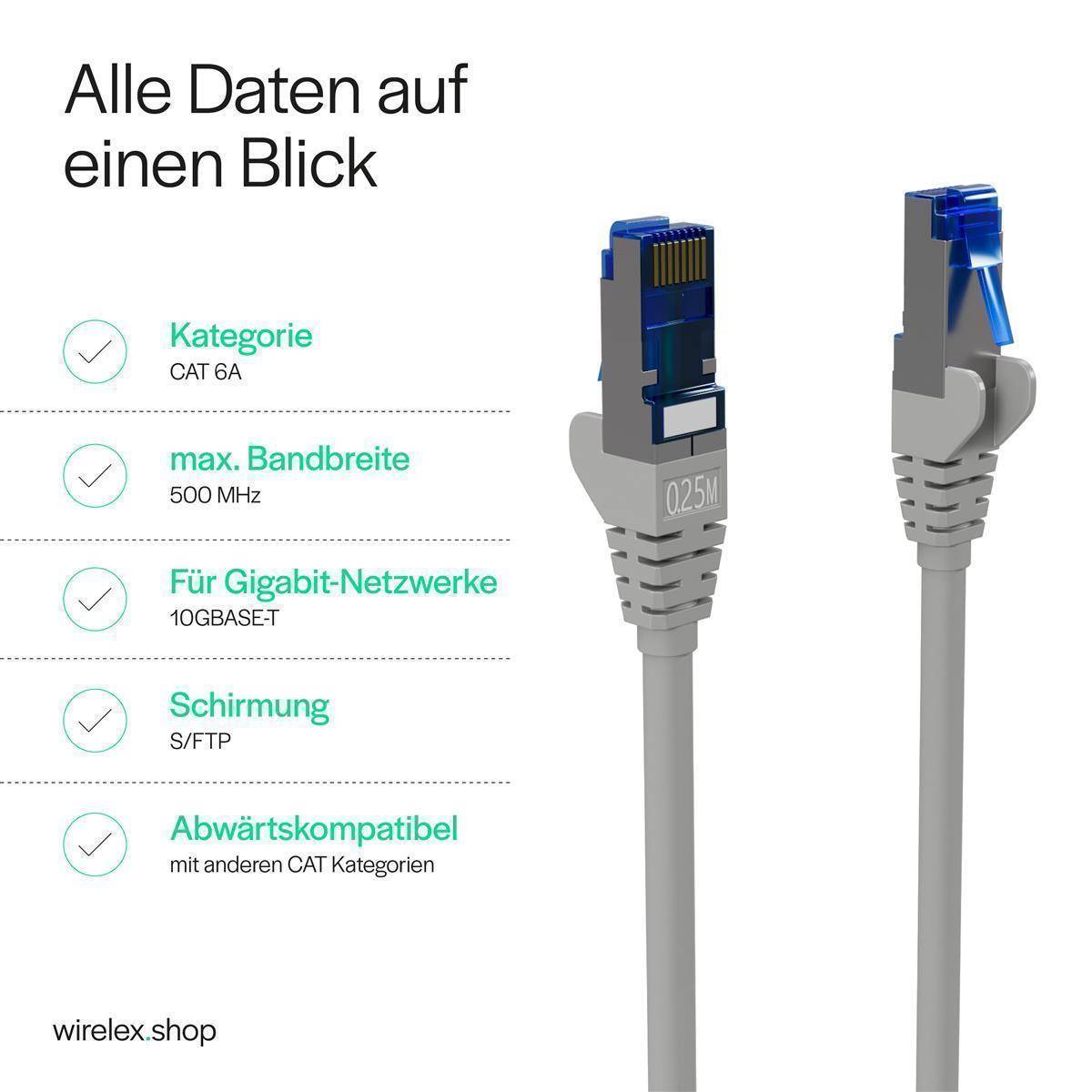 Netzwerkkabel, RJ45 LAN Kabel, Ethernet Cat 6A, S/FTP, PIMF, vergoldete Kontakte Grau 0,25m-1