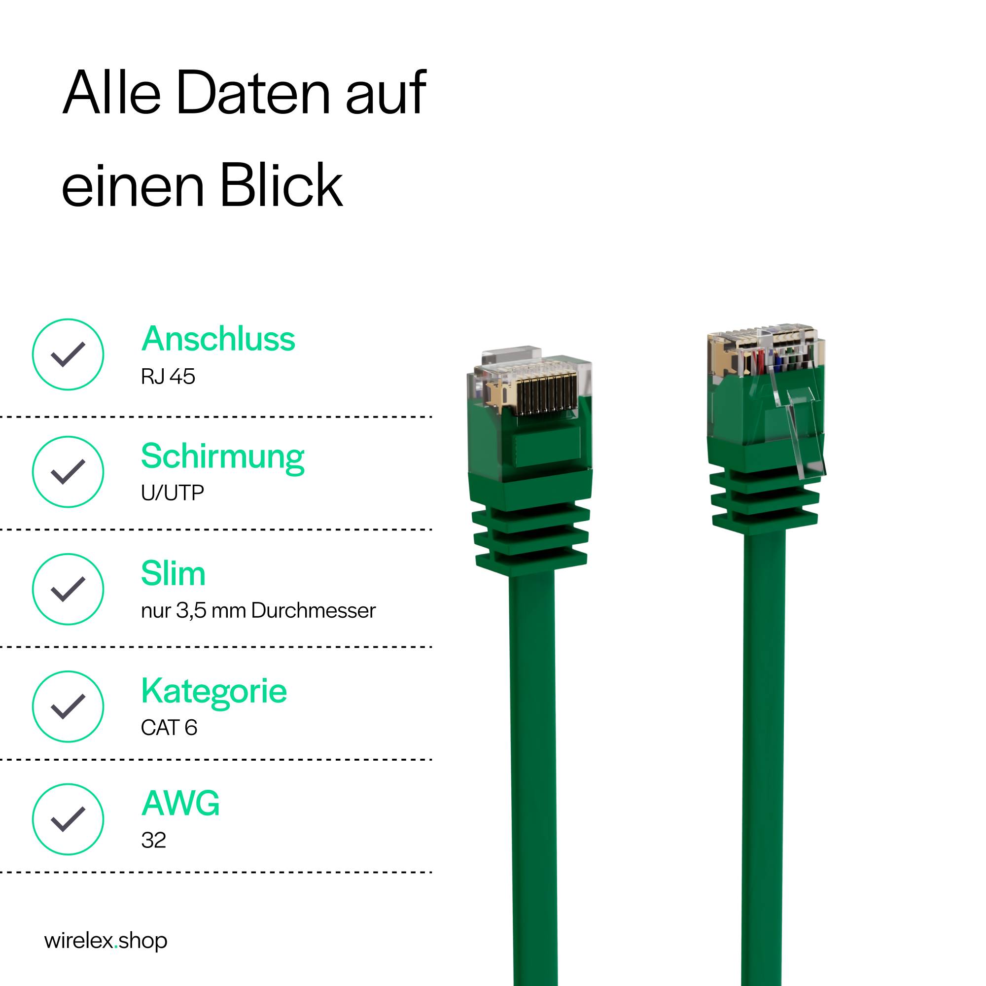 Patchkabel-Flachkabel U/UTP cat. 6 slim grün 2m-3