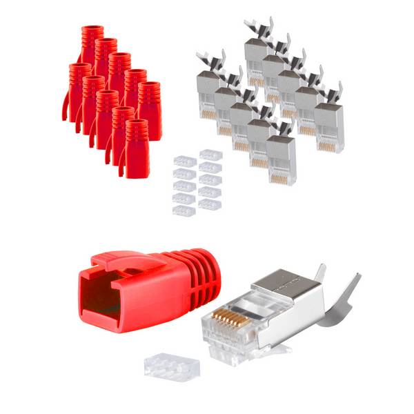 Netzwerk Modular Stecker RJ45 10x-SET für Verlegekabel bis AWG 23, Stecker mit Zugentlastung, Einführhilfe Rot