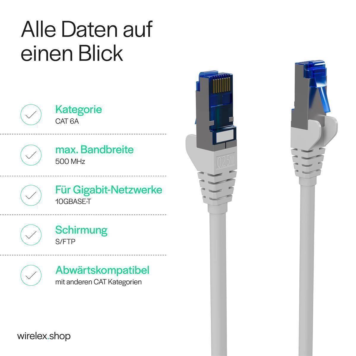 Netzwerkkabel, RJ45 LAN Kabel, Ethernet Cat 6A, S/FTP, PIMF, vergoldete Kontakte Weiß 7,50m-2