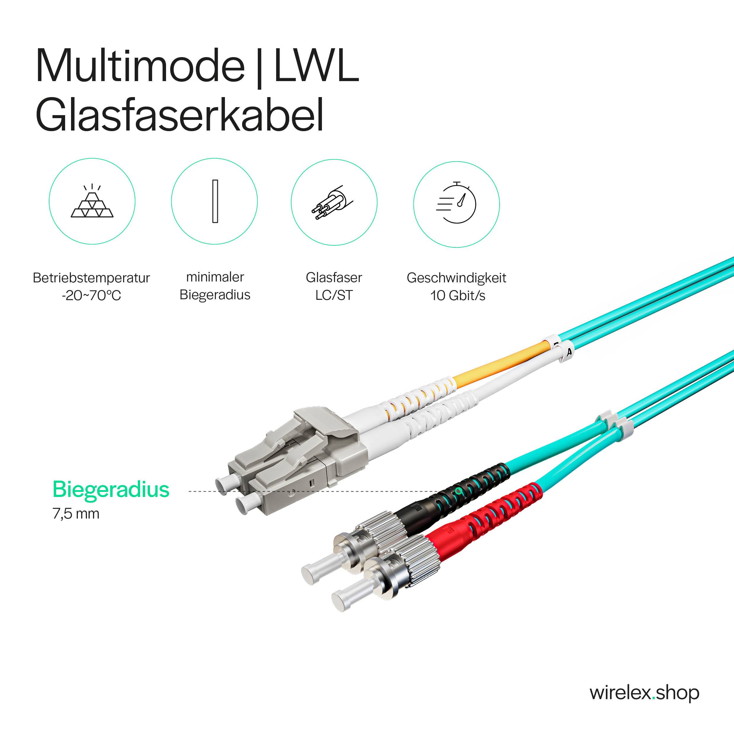 LWL Glasfaser Duplex Patchkabel LC/ST 50/125µ OM3 2,00m Fiber Optic Kabel Multimode-4