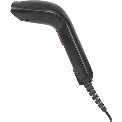 Ein schwarzer kabelgebundener Handscanner, der in Geschäften zur Barcode-Erfassung eingesetzt wird.