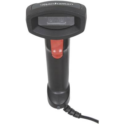 Barcodescanner mit Kabel in vertikaler Position, schwarzes Gehäuse mit rotem Akzent.