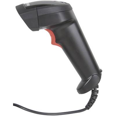 Ein schwarzer Hand-Barcodescanner mit rotem Akzent, kabelgebunden. Gerät für das Scannen von Barcodes in Geschäften oder Lagern.