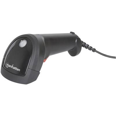 'Schwarzer Handscanner mit Kabel, Markenlogo sichtbar. Geeignet für das Scannen von Barcodes in Geschäften oder Büros.'