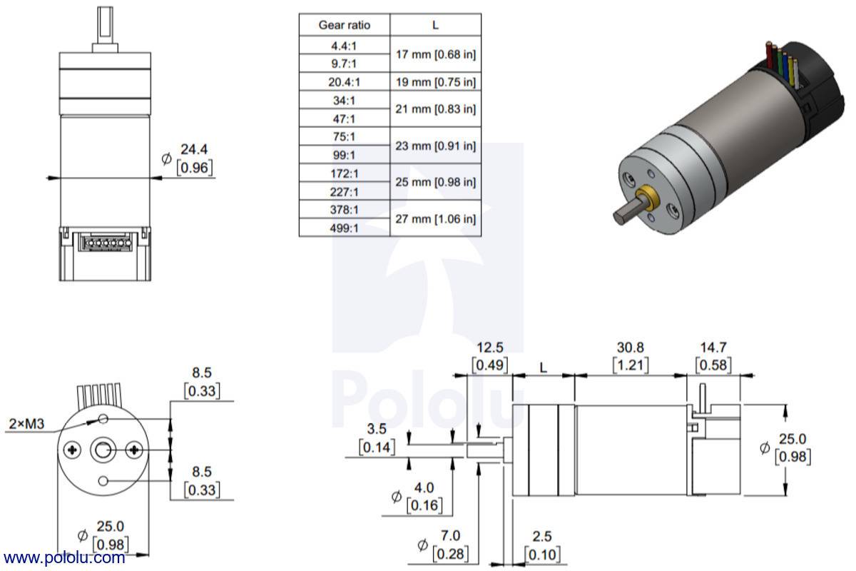 Pololu 20.4:1 Metal Gearmotor 25Dx65L mm HP 12V with 48 CPR Encoder-6