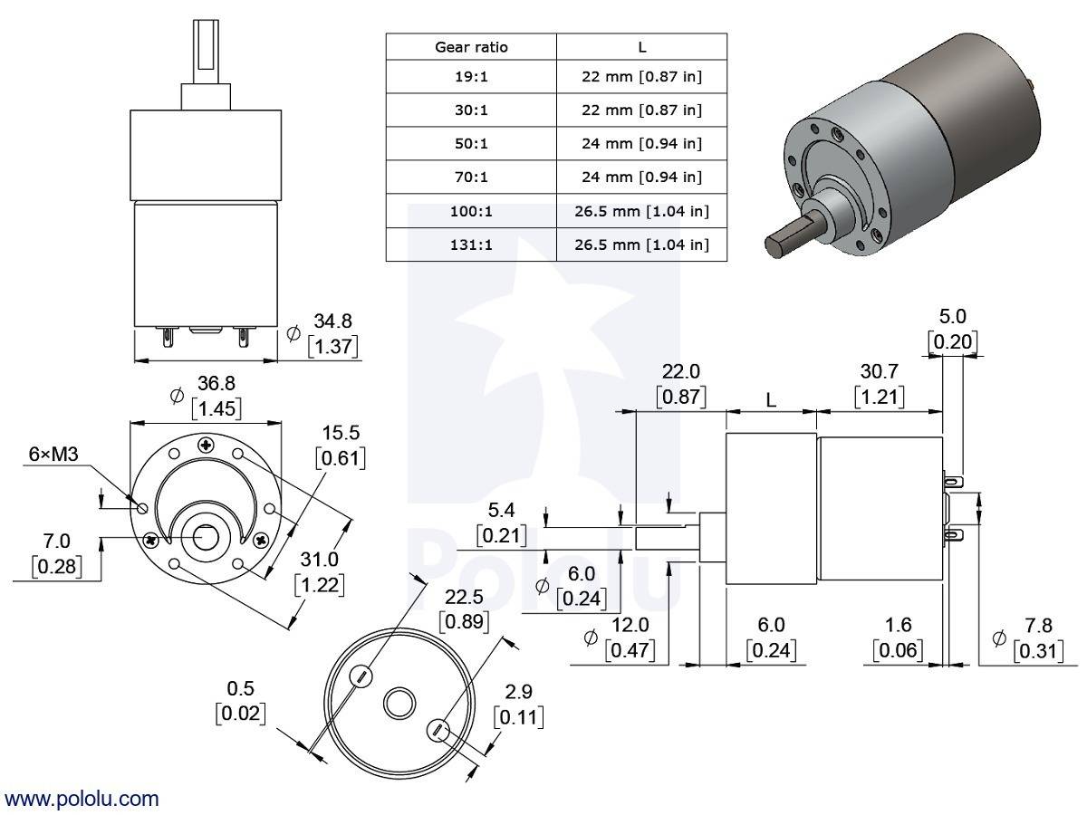 Pololu 131:1 Metal Gearmotor 37Dx57L mm 12V (Helical Pinion) 4746-3