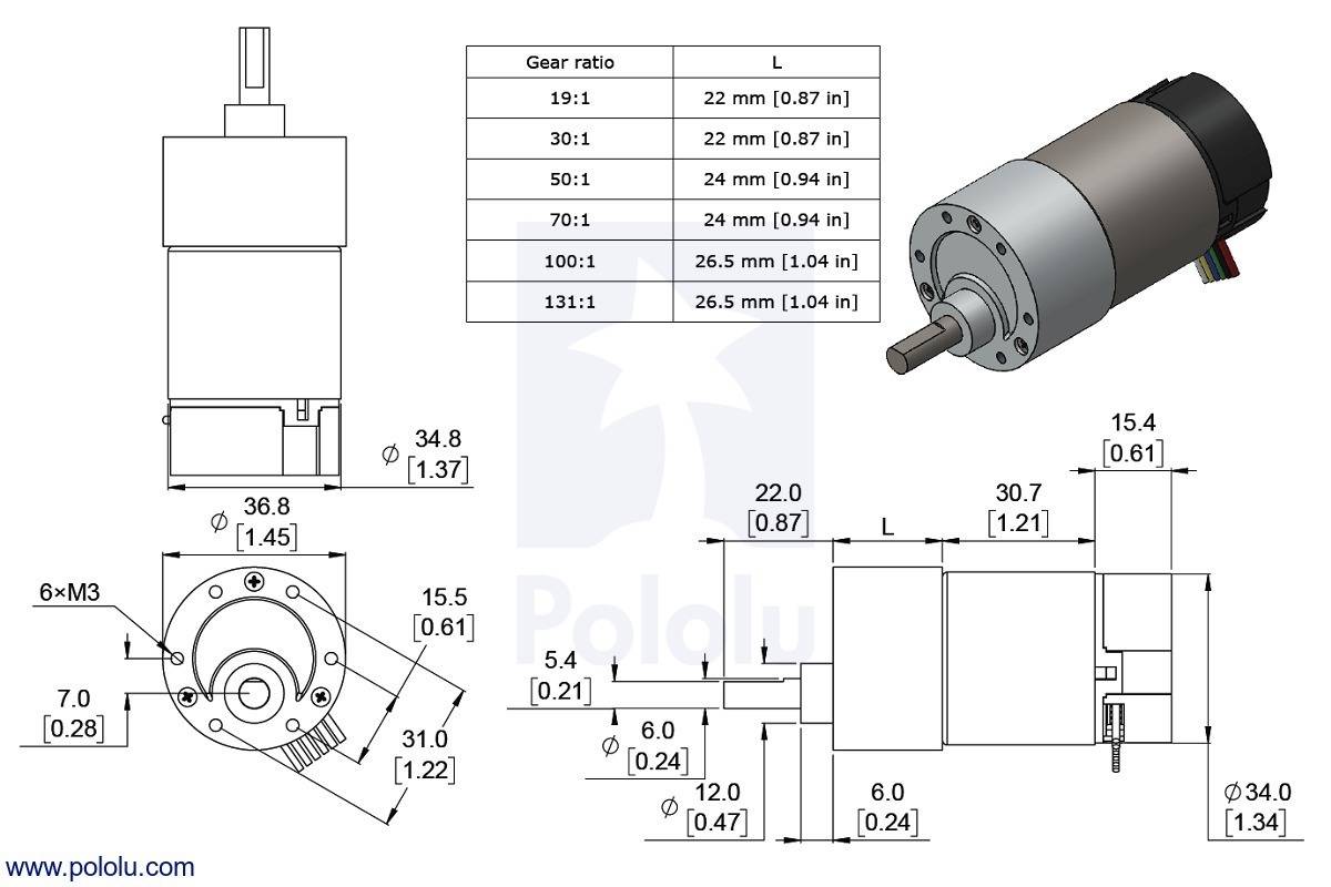 Pololu 19:1 Metal Gearmotor 37Dx68L mm 12V with 64CPR Encoder(Helical Pinion)-7