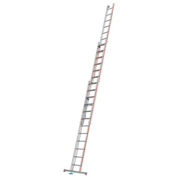 Seilzugleiter, 3-teilig, 3x12 Sprossen, Leiterlänge aus-/eingefahren 8,34/3,57 m, Kopfteil mit Laufrollen + einrastenden Fallhaken