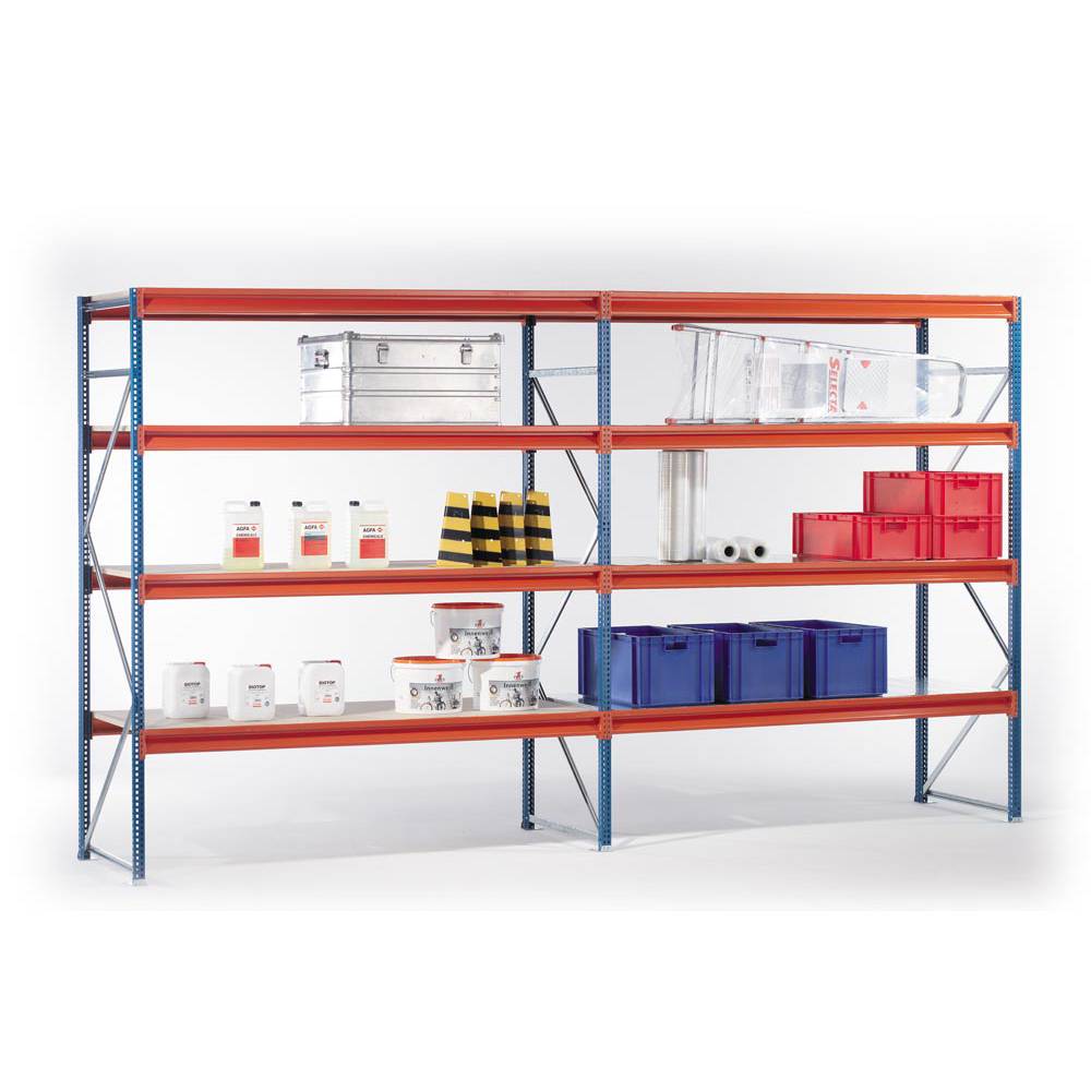 Weitspannregal, Anbaufeld, 4 Ebenen mit Stahlpaneelen, Fachlast 670 kg, BxTxH 1785x600x2500 mm, Ständer blau, Holme oran-1
