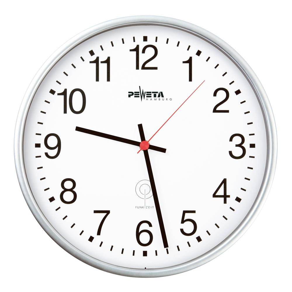 Funk-Wanduhr, Durchm. 300 mm, Kunststoffgehäuse silber, Ziffernblatt weiß, arabische Ziffern