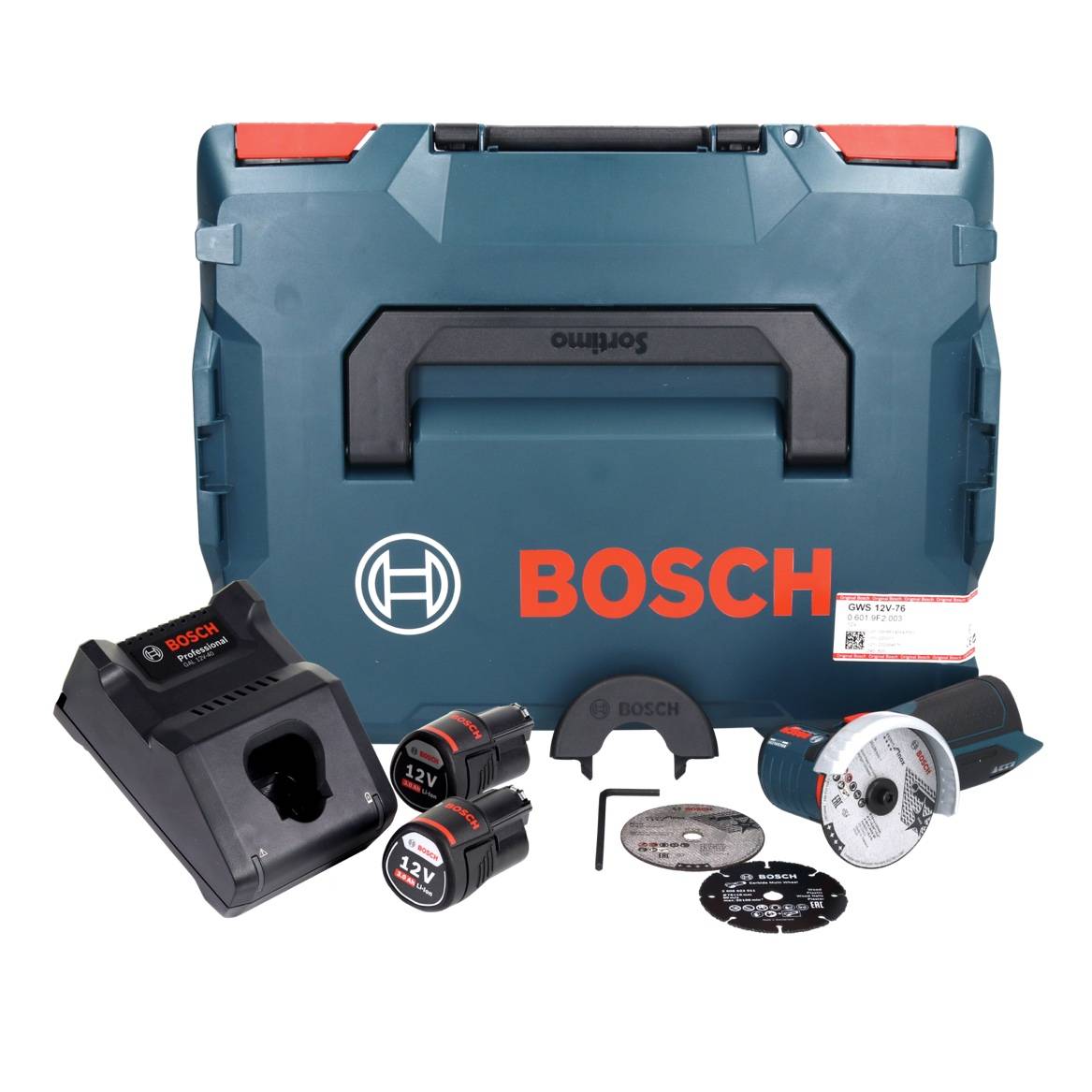 Bosch GWS 12V-76 Professional Akku Winkelschleifer 12 V 76 mm Brushless + 2x Akku 3,0 Ah + Ladegerät + L-Boxx-4