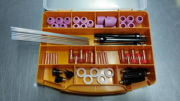 65 Tlg. WIG Sortiment, Stubby "Umbau" Gaslinsen Set 2,4-3,2mm für SR17 SR18 SR26 mit Wolframelektrode Grün WP im Kasten