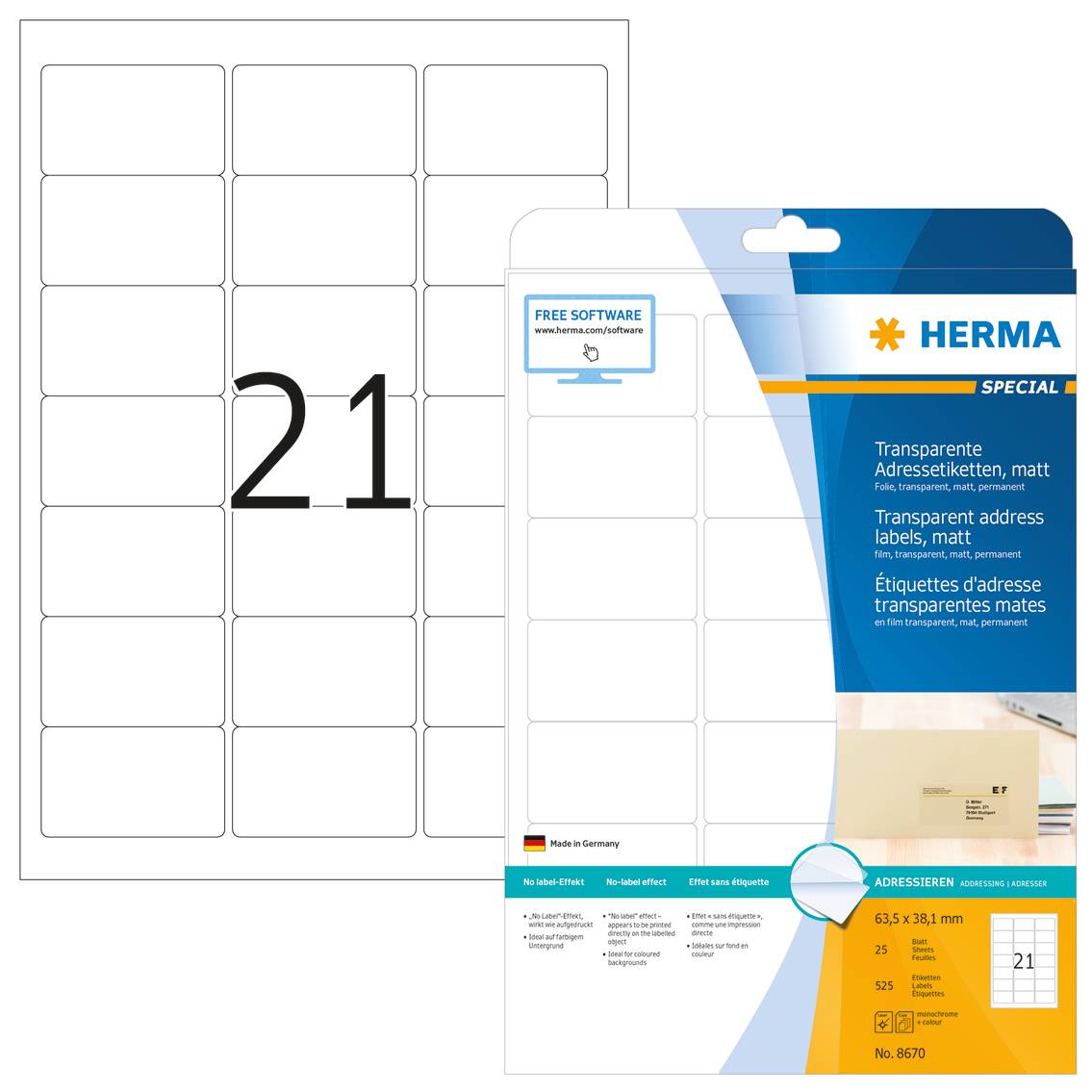 HERMA Special - Matt - selbstklebend - durchsichtig - 63.5 x 38.1 mm 525 Etikett(en) (25 Bogen x 21)-1