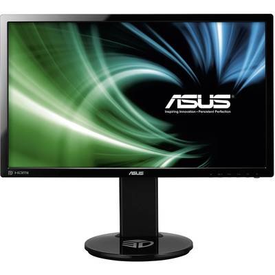 Ein Computermonitor der Marke Asus zeigt ein dynamisches, blau-grünes Muster auf dem Bildschirm.