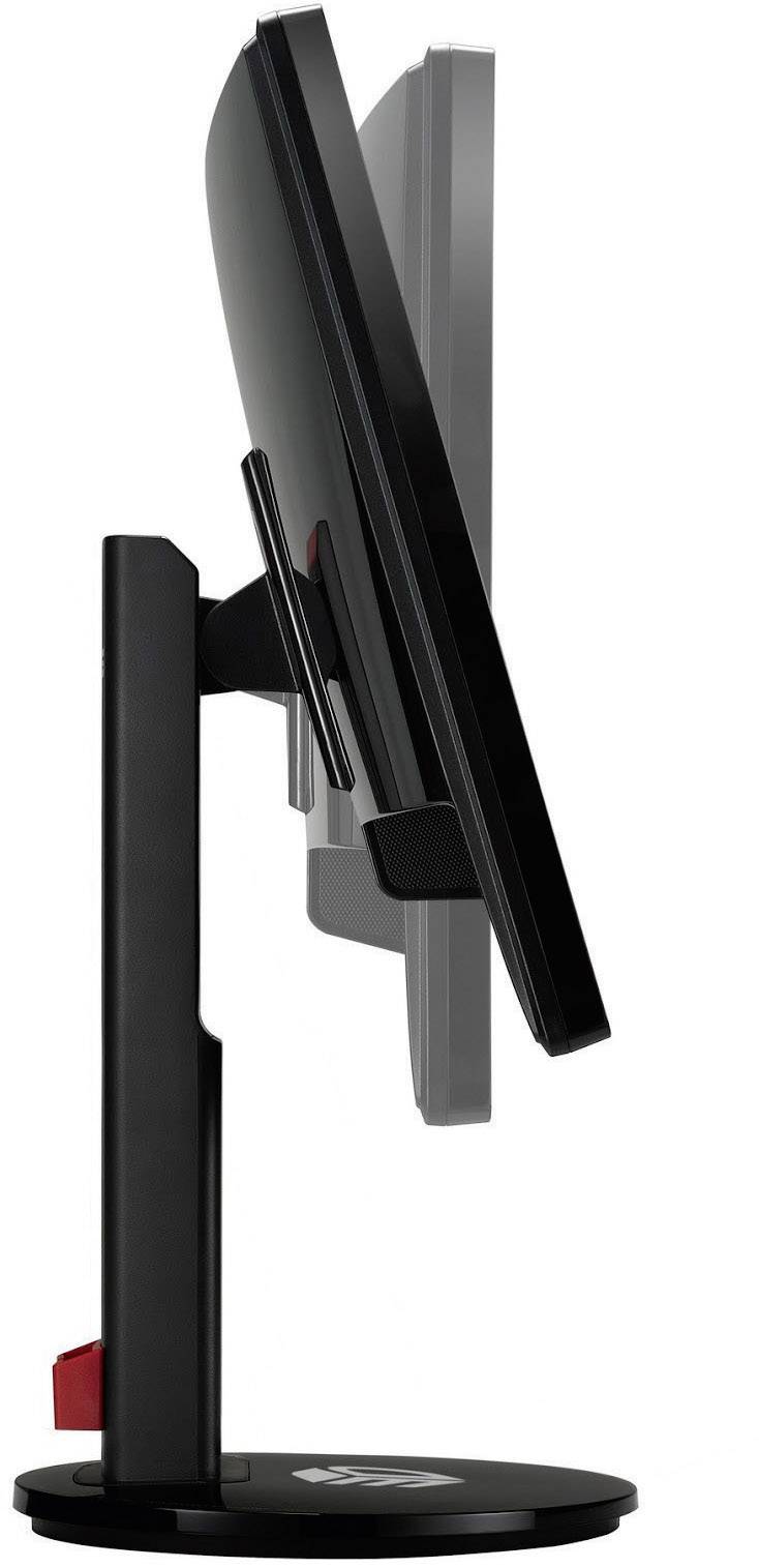 Seitenansicht eines schwarzen Computermonitors auf einem verstellbaren Ständer. Der Bildschirm ist dünn und ergonomisch gestaltet.