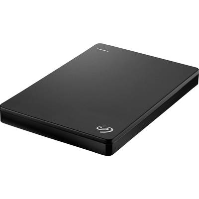 Externe, schwarze Festplatte mit abgerundeten Ecken und kleinem Logo in der unteren Ecke zeigt Design und Funktionalität.