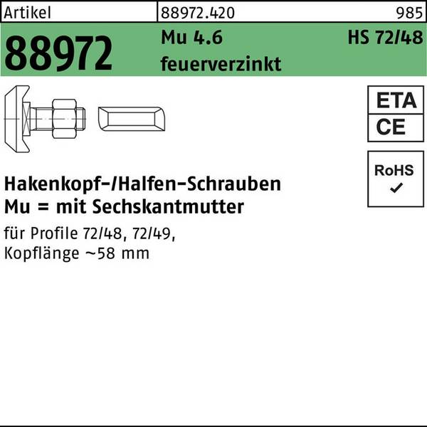 Hammerkopfschraube R 88972 Typ 72/48 M20x100 Mu 4.6 feuerverz. 15St. HALFEN
