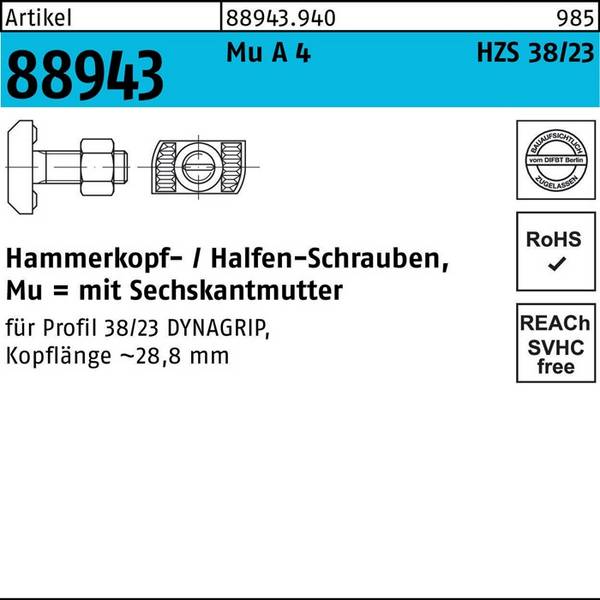 Hammerkopfschraube R 88943 6-ktmutter M16x 80 Mu A 4 25 Stück HALFEN