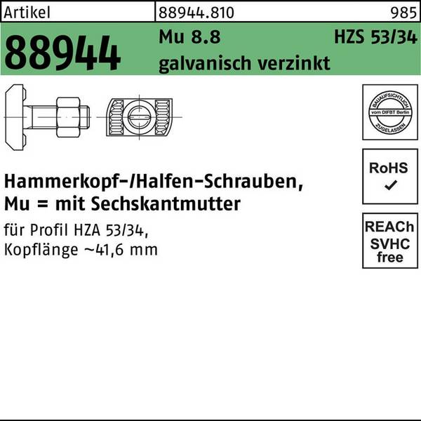 Hammerkopfschraube R 88944 6-ktmutter M20x65 Mu 8.8 galv.verz. 25St. HALFEN