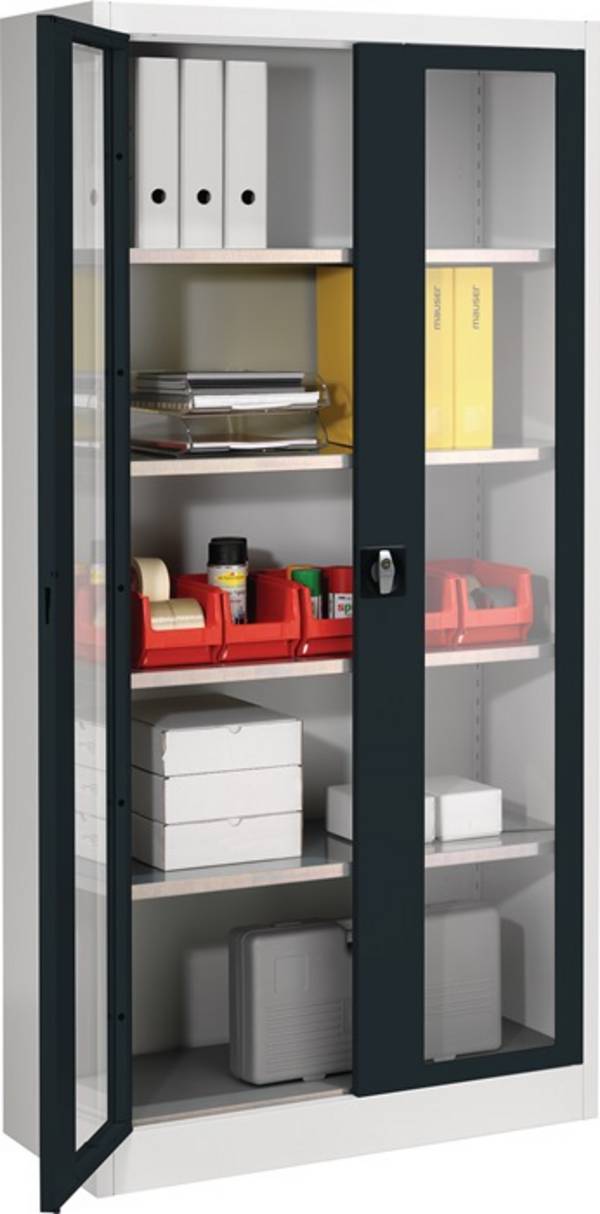 Flügeltürenschrank m.Sichtfenster H1950xB950xT420mm lichtgrau/anthrazitgrau 4 BD
