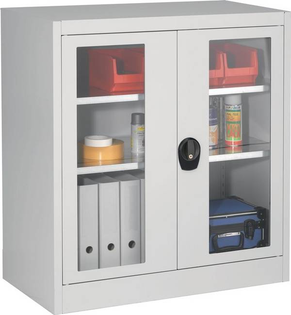 Flügeltürenschrank mit Sichtfenster, leer, BxTxH 950x420x1016 mm, 2 Böden, RAL 7035/7035