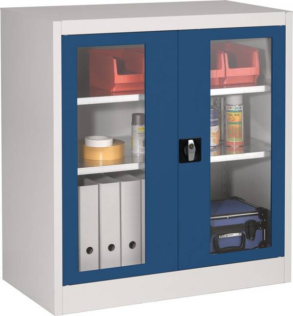 Flügeltürenschrank H1016xB950xT420mm grau/blau 2BD Sichtfenstert.MAUSER