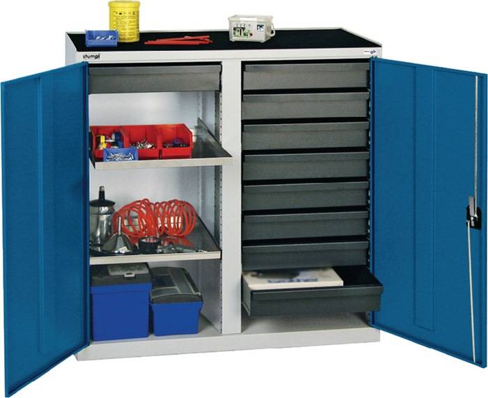 Werkzeug-/Beistellschrank H1000xB1000xT500mm 9Schubl.,4Bd.lichtgrau/enzianblau-0