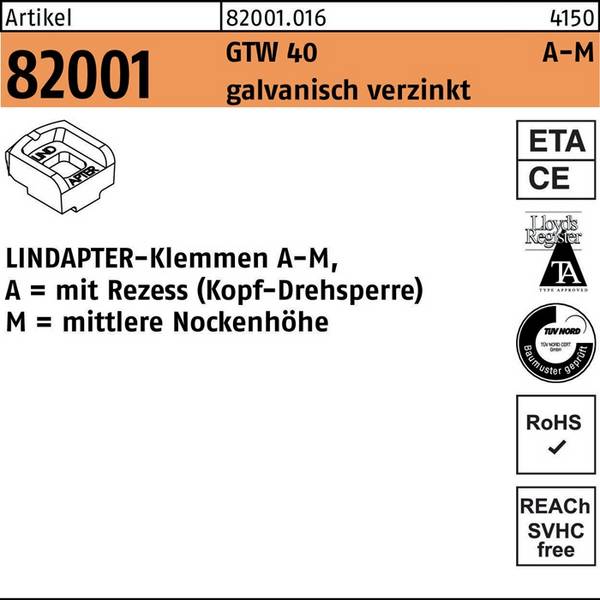 Klemmen R 82001 GTW 40 MM 20/10,0 galv.verz. 1 Stück LINDAPTER
