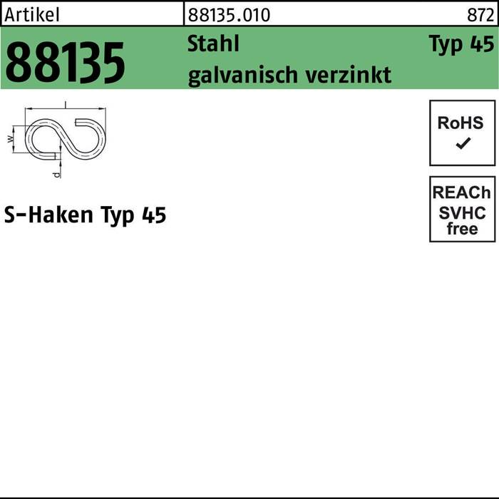 S-Haken R 88135 Typ 45 25x 8x 2,3 Stahl galv.verz. 100 Stück-0