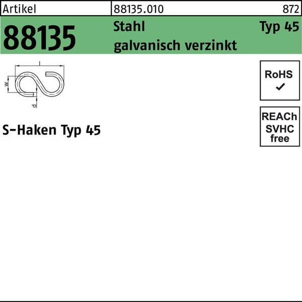 S-Haken R 88135 Typ 45 25x 8x 2,3 Stahl galv.verz. 100 Stück