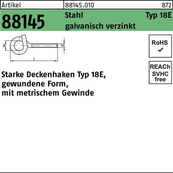 Deckenhaken R 88145 Typ 18E M10x 140x 22 Stahl galv.verz. 20 Stück