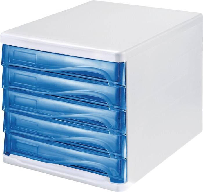 Schubladenbox 5 Schubl.weiß/blautransparent Ku.H245xB265xT340mm HELIT-0