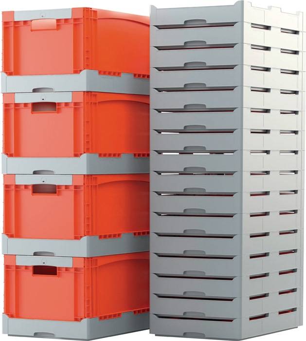 Faltbox L600xB400xH320mm Inh.65l grau/orange o.Deckel PP Durchfassgriffe BITO-2