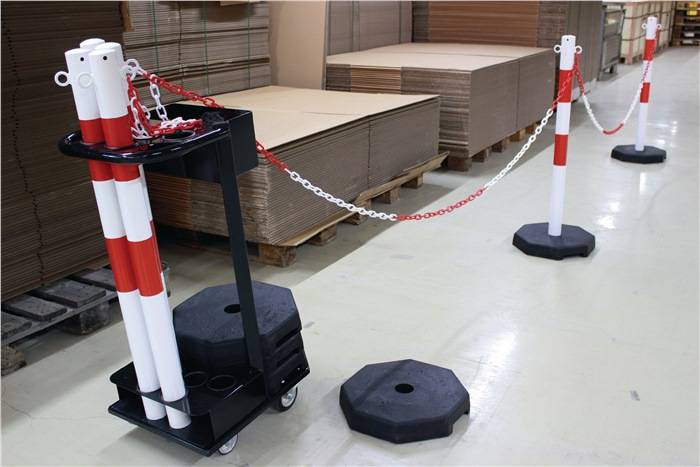 Sperrpfostenset STA rot/weiß m.Transportwagen D60xH1000mm 6Pfosten u.Kette à 25m-2