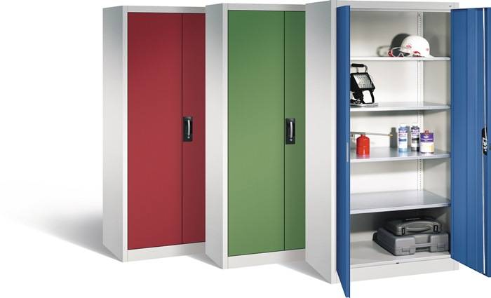 C+P XXL Stahlschrank, Werkzeugschrank, Geräteschrank, abschließbar, 4 Fachböden, Korpus lichtgrau, Front enzianblau, 1.9-0