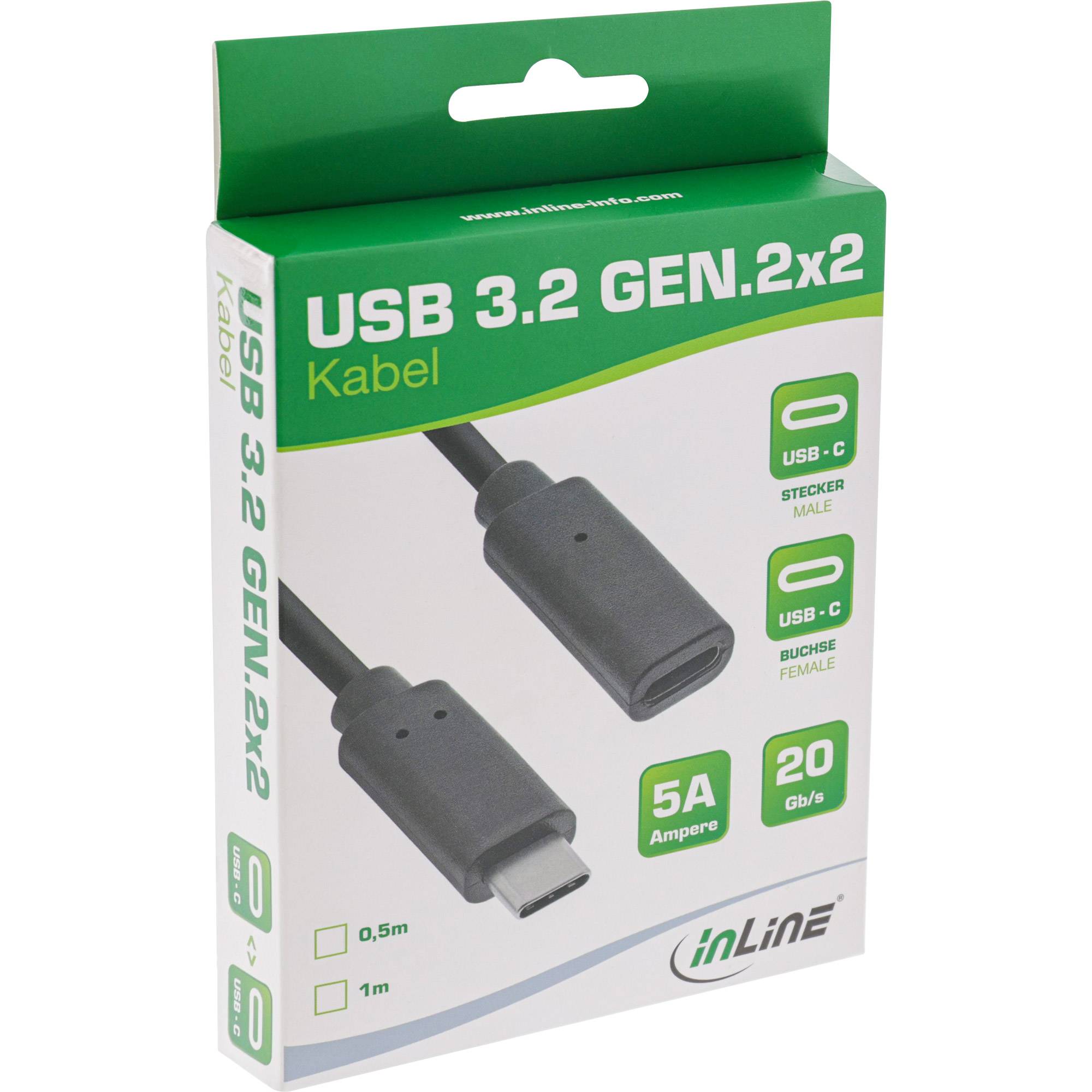 InLine® USB 3.2 Gen.2x2 Kabel, USB-C Verlängerung ST/BU, schwarz, 1m-1