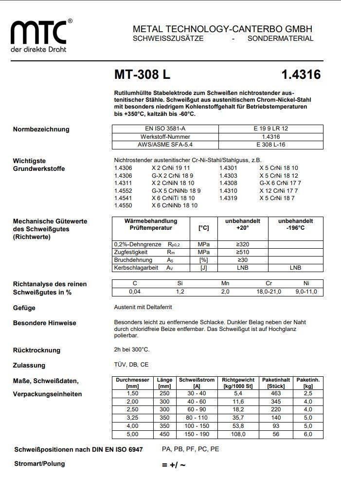 MTC 500gr (ca. 27 Stück) 2,5 x 300mm Stabelektroden V2A 1.4316 MT-308L-1