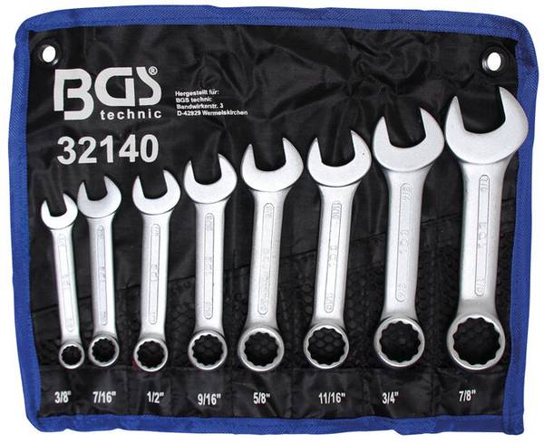 Maul-Ringschlüssel-Satz extra kurz Zollgrößen SW 3/8" - 7/8" 8-tlg.