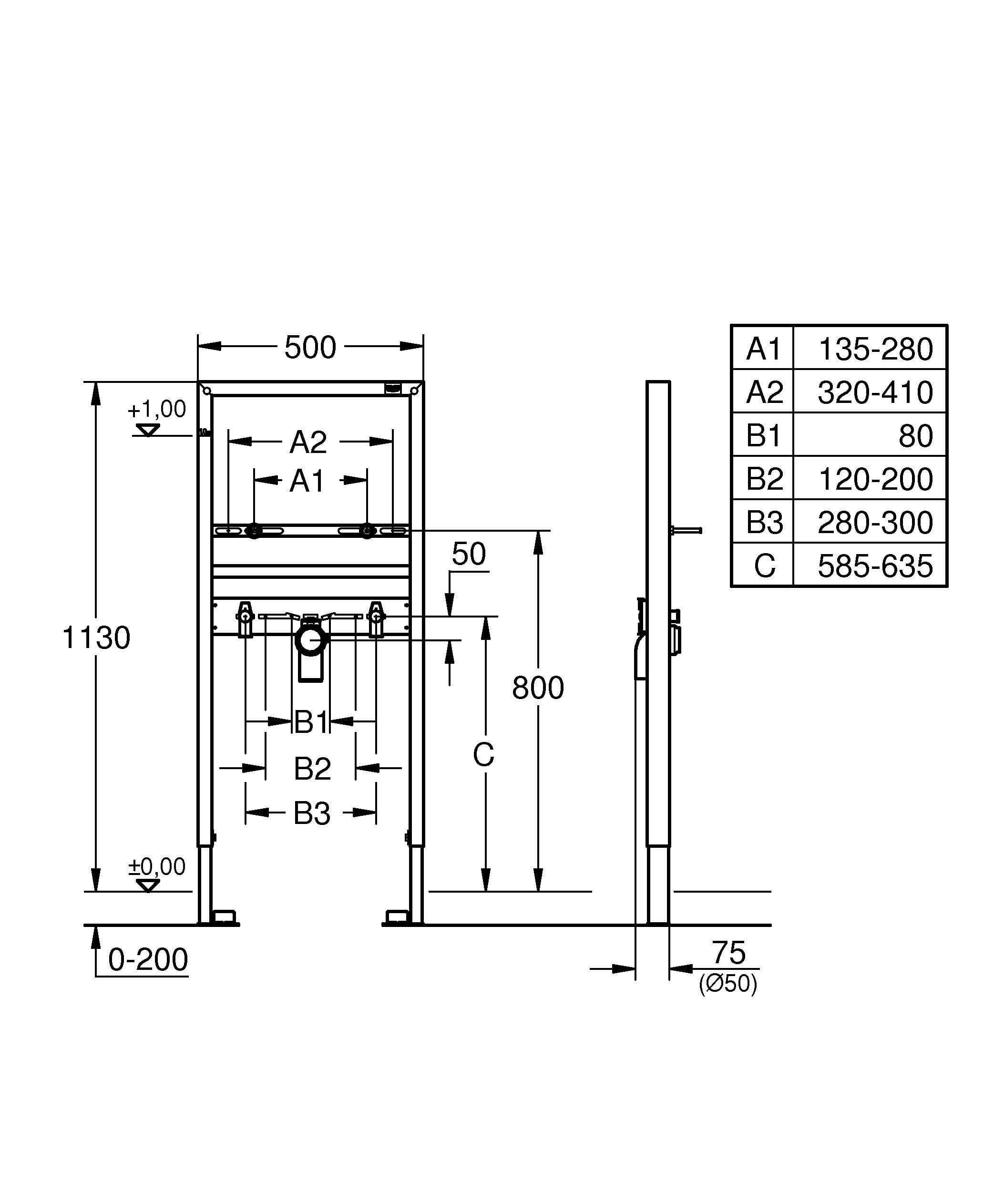 Grohe Rapid SL Waschtisch-Element, 1,13m Bauhöhe, für Vorwand- oder Ständerwandmontage, 2 schallged. Armaturenanschlüsse-2