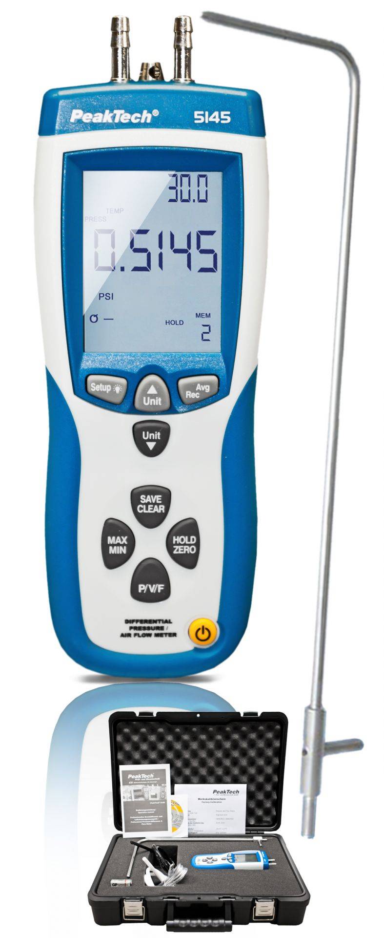 PeakTech P 5145 – Differenzdruck-Messgerät ~ 0 ... 50 mBar ~ mit Luftgeschwindigkeit und USB-1