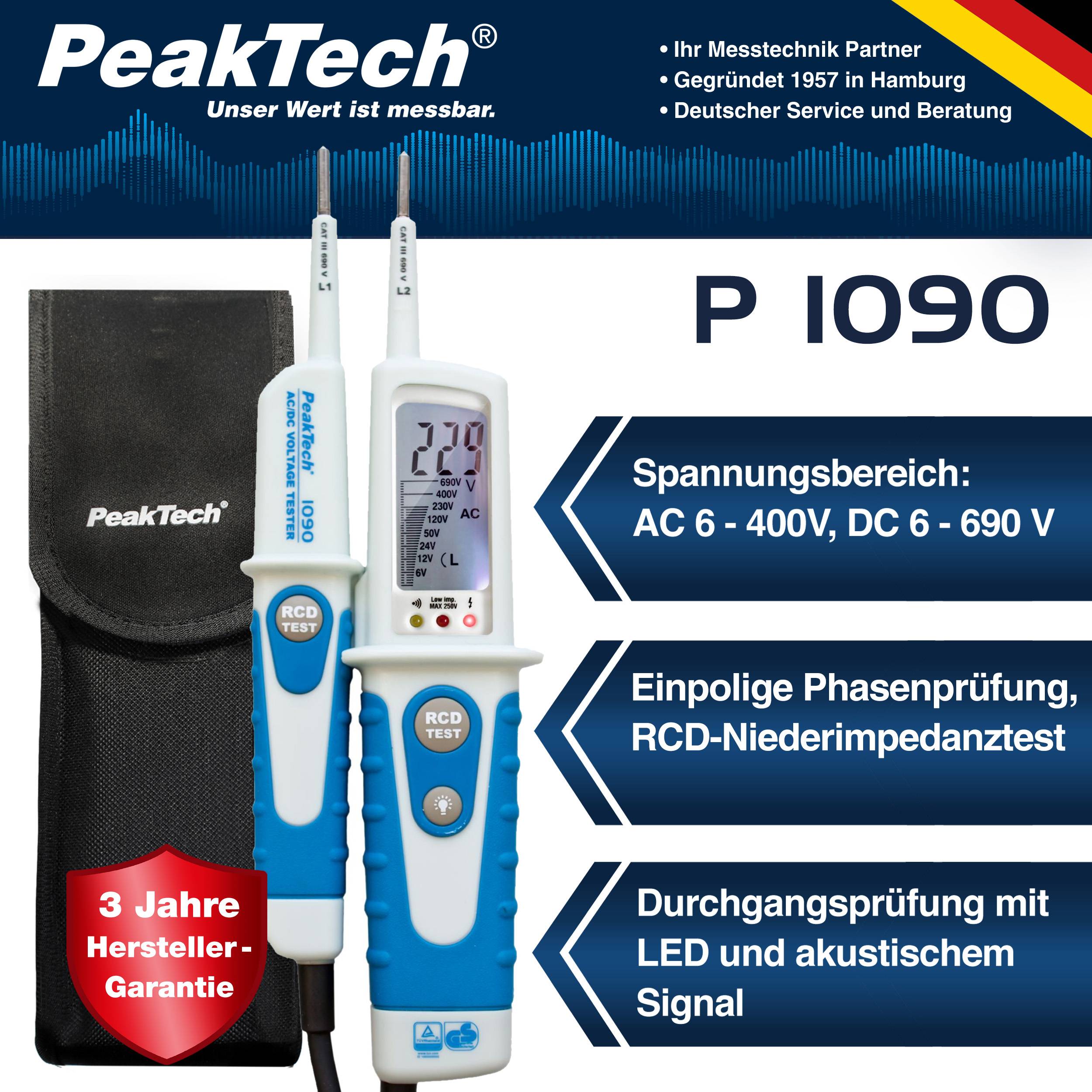 PeakTech P 1090 – Zweipoliger AC/DC-Spannungsprüfer mit LCD-Anzeige ~ TÜV/GS-1