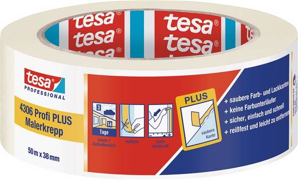 Malerkreppband 4306 Profi PLUS leicht gekreppt hellbeige L.50m B.38mm Rl.TESA