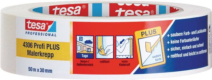 Malerkreppband 4306 Profi PLUS leicht gekreppt hellbeige L.50m B.30mm Rl.TESA-0