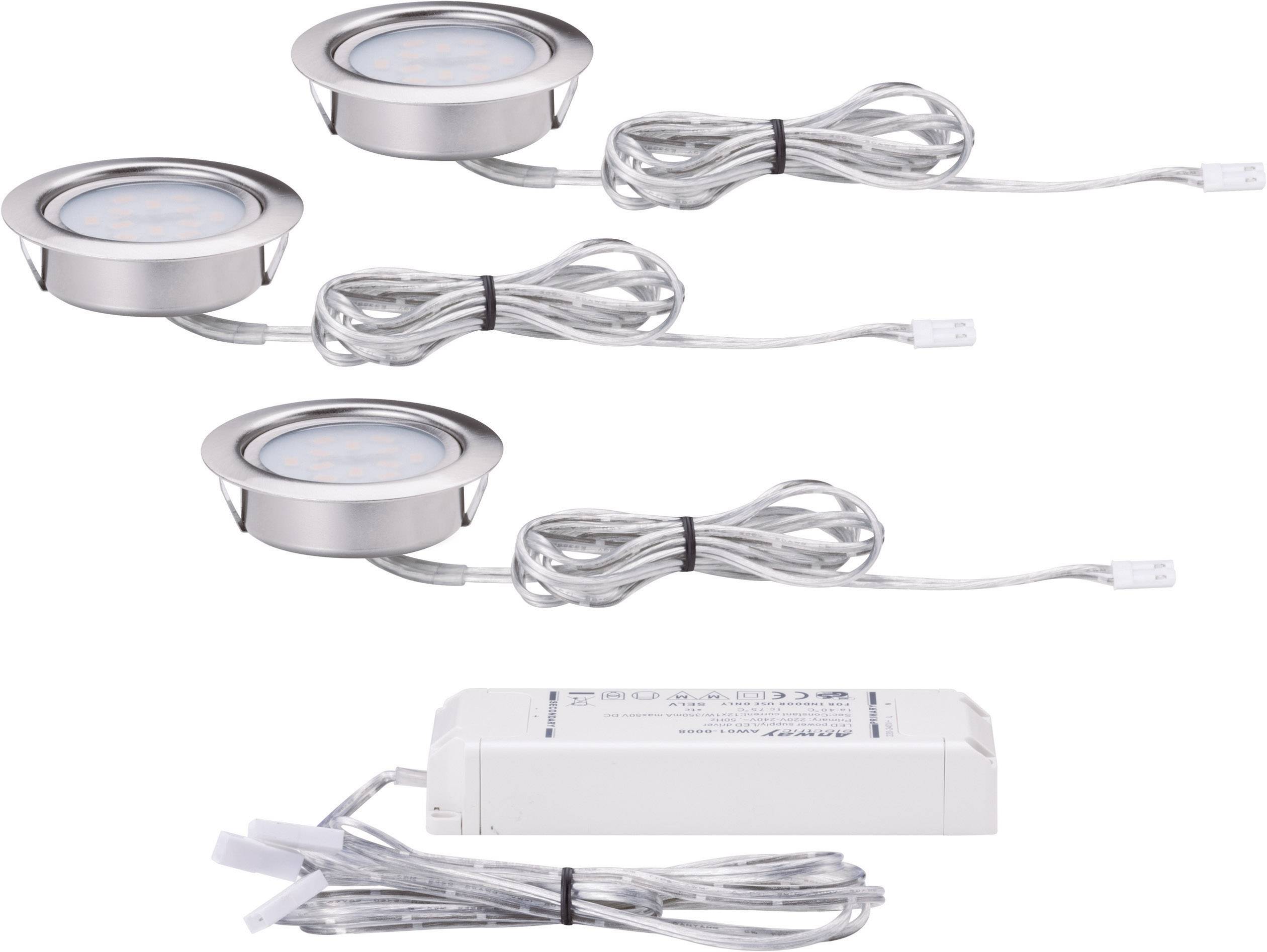 Drei runde LED-Einbaulampen mit Silberrahmen, verbunden durch Kabel zu einem weißen Trafo. Geeignet für die Deckenmontage.