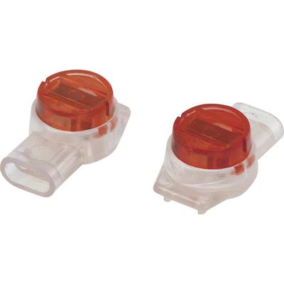 Zwei transparente Verbindungsklemmen mit rotem Deckel, verwendet für elektrische Verbindungen.