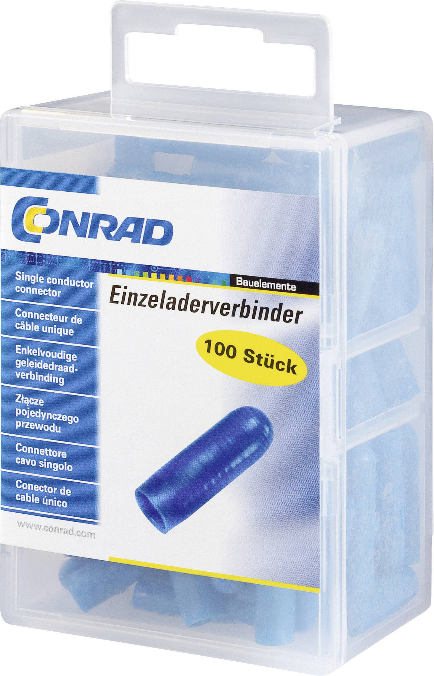 Eine transparente Verpackung mit 'Einzeladerverbinder' in Blau, 100 Stück, Marke Conrad. Beschriftungen auf mehreren Sprachen.