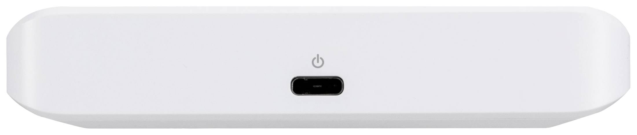 Weiße elektronische Box mit einem USB-C-Anschluss an der Vorderseite. Oben befindet sich ein kleines Netzschaltersymbol.