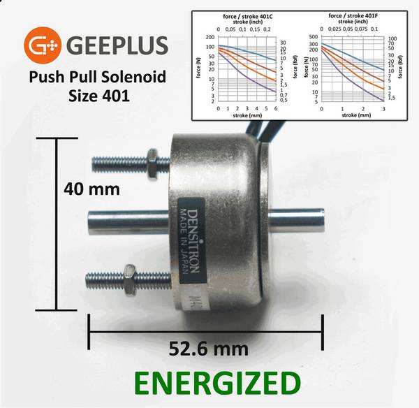 Geeplus Push/Pull-Hubmagnet (Kurzhubmagnet) M401C-25P, Ø40 x 22mm, 12,5W Dauer, bis 6mm Hub, Haltekraft >50N bei 100%ED