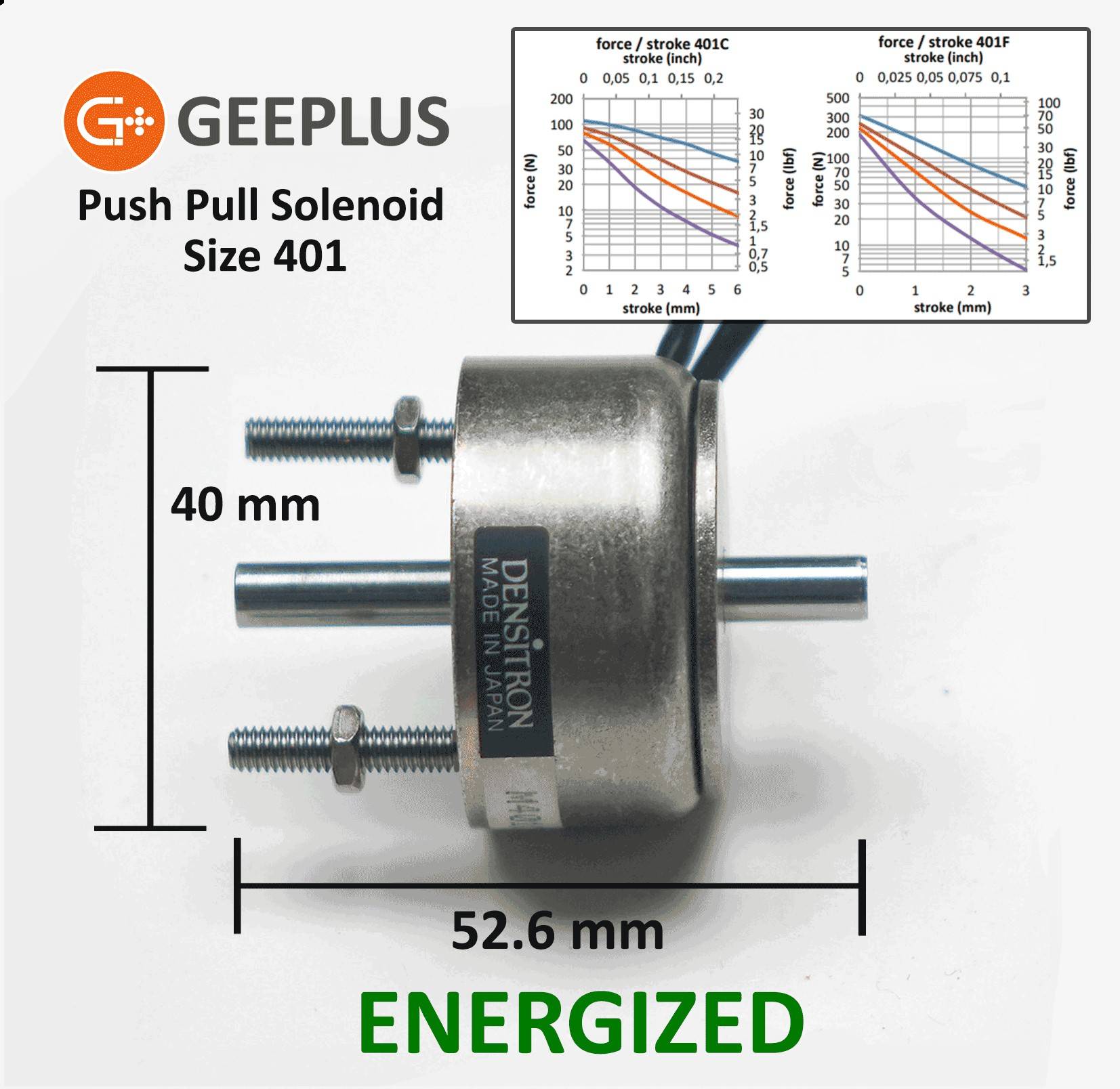 Geeplus Push/Pull-Hubmagnet (Kurzhubmagnet) M401C-25P, Ø40 x 22mm, 12,5W Dauer, bis 6mm Hub, Haltekraft >50N bei 100%ED-0